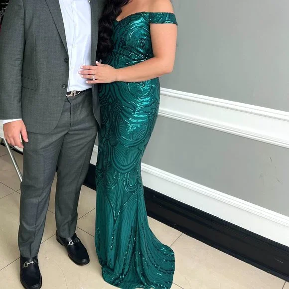 green emerald velvet dress Dark Green V Neck Sequin Maxi Dress – Aquarius Brand main image 0